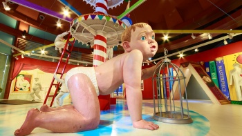Installation of larger-than-life baby crawling in the Trick Eye Museum at Resorts World Sentosa