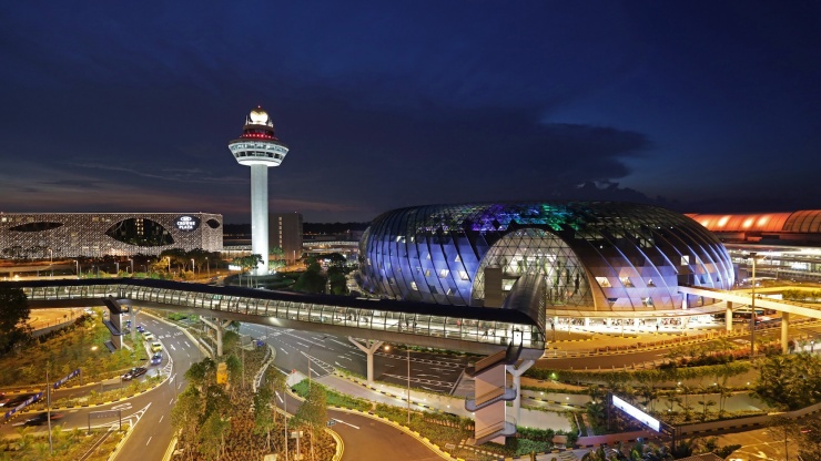 Wide shot of Jewel Changi and the control tower at night