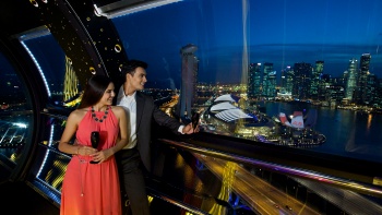 Một cặp đôi ngắm nhìn đường chân trời Singapore vào buổi tối từ khoang của Vòng quay Singapore Flyer